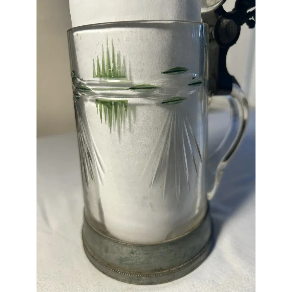 Vintage Antique German Cut Overlay Green Crystal Glass Beer Stein Lidded Pewter